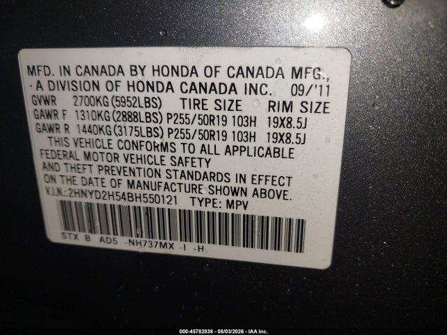 45782838 :رقم المزاد ، 2HNYD2H54BH550121 vin ، 2011 Acura Mdx Advance Package مزاد بيع