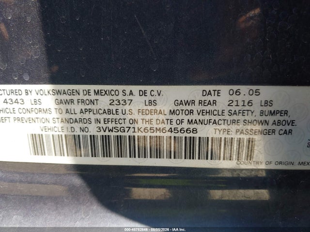 2005 Volkswagen Jetta 2.5 მანქანა იყიდება აუქციონზე, vin: 3VWSG71K65M645668, აუქციონის ნომერი: 45782846
