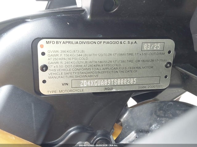 45782860 :رقم المزاد ، ZD4XGUA09TS000205 vin ، 2026 Aprilia Rs 660 مزاد بيع