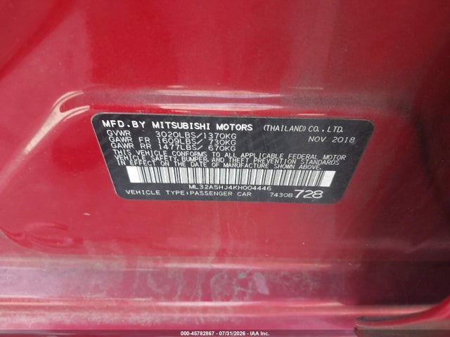 Aukcja sprzedaży 2019 Mitsubishi Mirage Le, vin: ML32A5HJ4KH004446, numer aukcji: 45782867