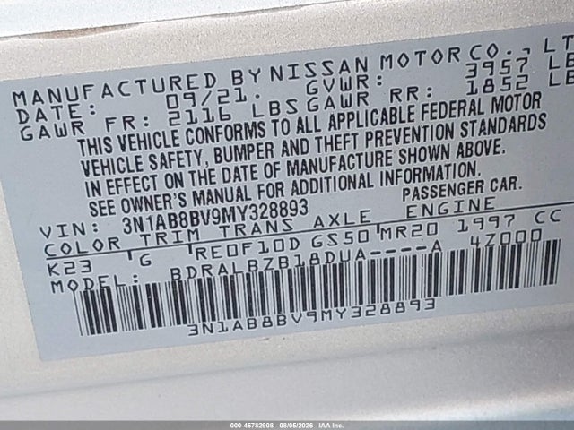 45782908 :رقم المزاد ، 3N1AB8BV9MY328893 vin ، 2021 Nissan Sentra S Xtronic Cvt مزاد بيع