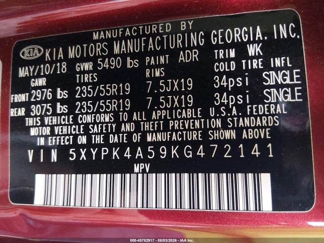 45782917 :رقم المزاد ، 5XYPK4A59KG472141 vin ، 2019 Kia Sorento 3.3l Sx مزاد بيع