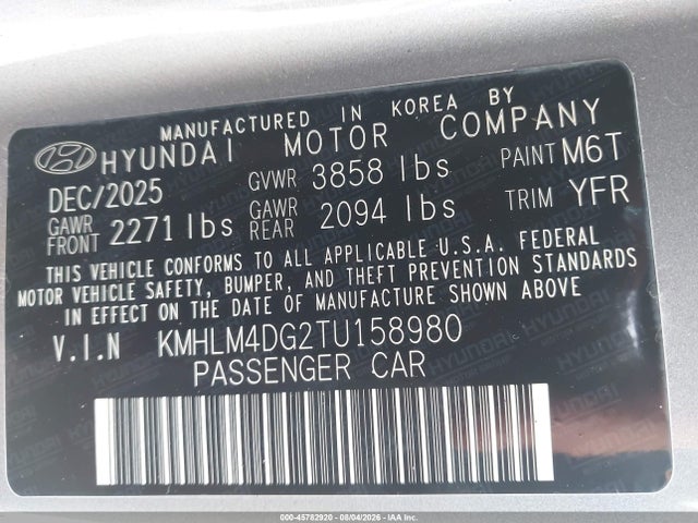 2026 Hyundai Elantra Sel Sport მანქანა იყიდება აუქციონზე, vin: KMHLM4DG2TU158980, აუქციონის ნომერი: 45782920