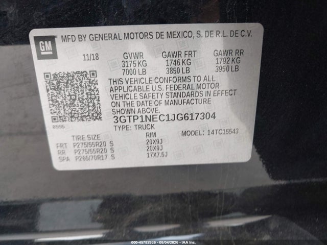 2018 Gmc Sierra 1500 Slt მანქანა იყიდება აუქციონზე, vin: 3GTP1NEC1JG617304, აუქციონის ნომერი: 45782936
