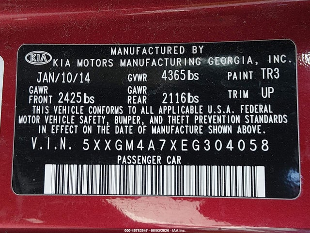 Продаж на аукціоні авто 2014 Kia Optima Lx, vin: 5XXGM4A7XEG304058, номер лоту: 45782947