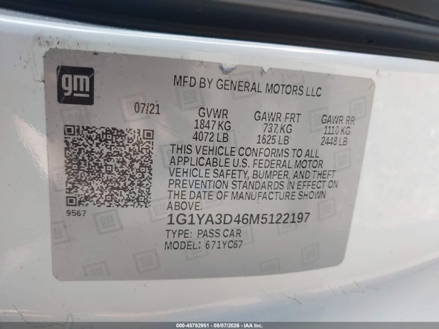 Aukcja sprzedaży 2021 Chevrolet Corvette Stingray Rwd  1lt, vin: 1G1YA3D46M5122197, numer aukcji: 45782951