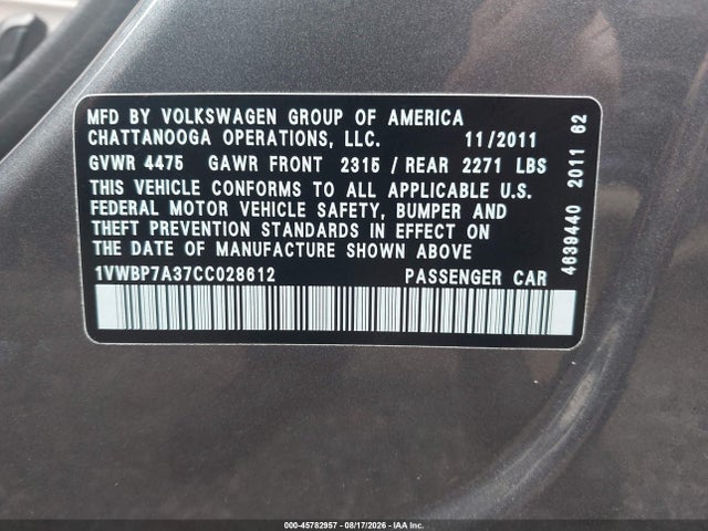 2012 Volkswagen Passat 2.5l Se მანქანა იყიდება აუქციონზე, vin: 1VWBP7A37CC028612, აუქციონის ნომერი: 45782957