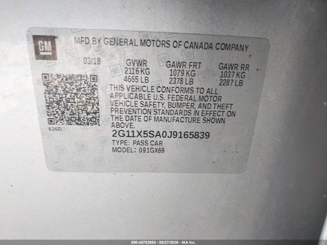 45782984 :رقم المزاد ، 2G11X5SA0J9165839 vin ، 2018 Chevrolet Impala 1fl مزاد بيع
