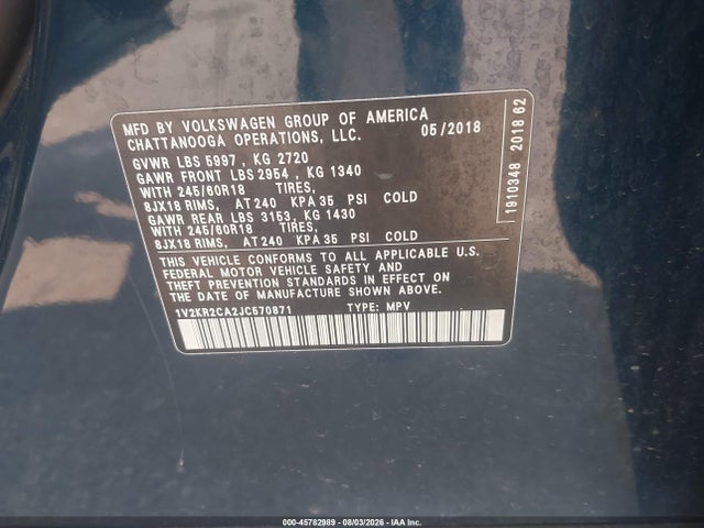 Продажа на аукционе авто 2018 Volkswagen Atlas 3.6l V6 Se, vin: 1V2KR2CA2JC570871, номер лота: 45782989