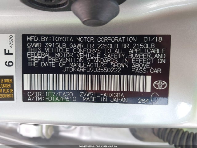 Продажа на аукционе авто 2018 Toyota Prius, vin: JTDKARFU9J3550222, номер лота: 45782991