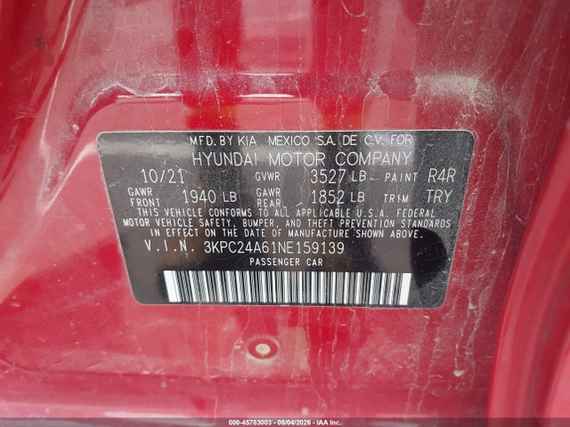 Продажа на аукционе авто 2022 Hyundai Accent Se, vin: 3KPC24A61NE159139, номер лота: 45783003