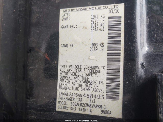 45783010 :رقم المزاد ، 1N4AL2AP6AN488495 vin ، 2010 Nissan Altima 2.5 S مزاد بيع