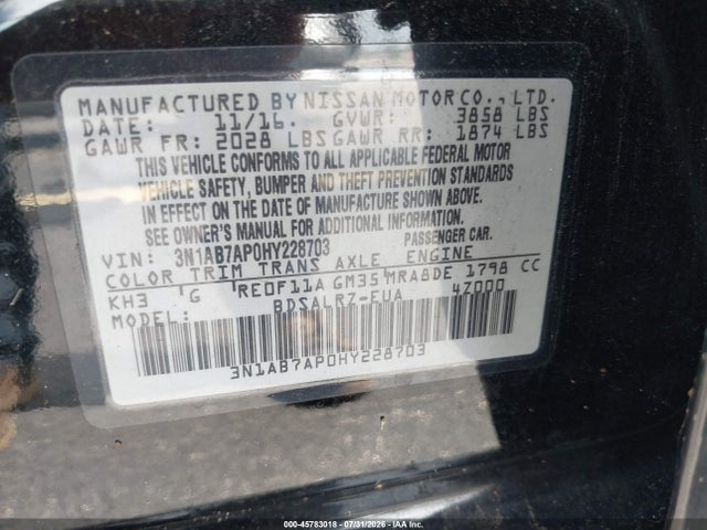 Продажа на аукционе авто 2017 Nissan Sentra Sr, vin: 3N1AB7AP0HY228703, номер лота: 45783018