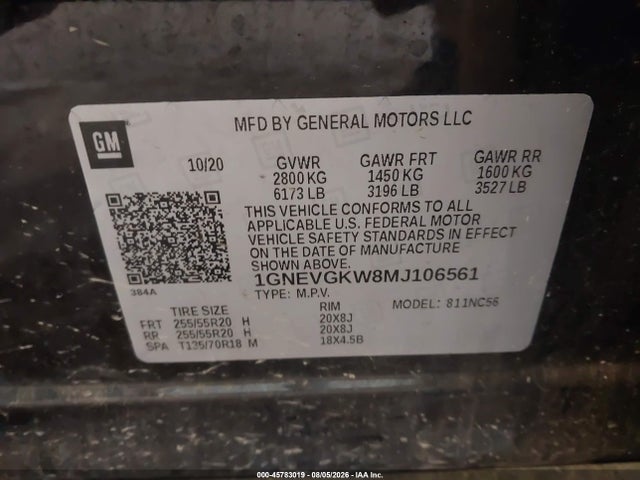 2021 Chevrolet Traverse Awd Lt Cloth მანქანა იყიდება აუქციონზე, vin: 1GNEVGKW8MJ106561, აუქციონის ნომერი: 45783019