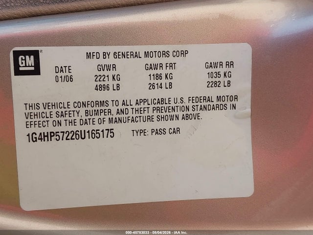 Продажа на аукционе авто 2006 Buick Lucerne Cx, vin: 1G4HP57226U165175, номер лота: 45783033