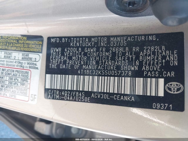 Продаж на аукціоні авто 2005 Toyota Camry Le, vin: 4T1BE32K55U057378, номер лоту: 45783035