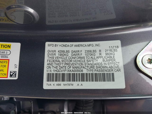 Aukcja sprzedaży 2019 Honda Accord Lx, vin: 1HGCV1F1XKA005936, numer aukcji: 45783045