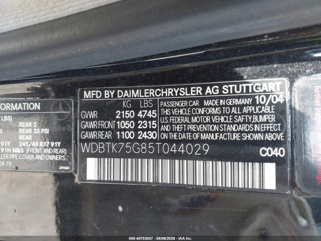45783047 :رقم المزاد ، WDBTK75G85T044029 vin ، 2005 Mercedes-benz Clk 500 مزاد بيع