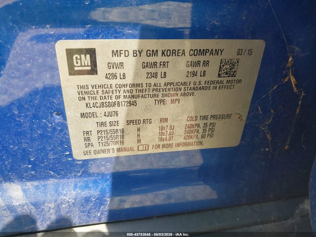 Продаж на аукціоні авто 2015 Buick Encore Convenience, vin: KL4CJBSB0FB172945, номер лоту: 45783048