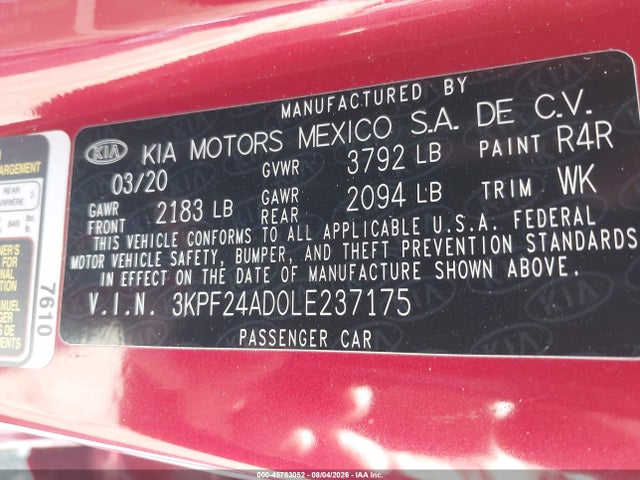 2020 Kia Forte Lxs მანქანა იყიდება აუქციონზე, vin: 3KPF24AD0LE237175, აუქციონის ნომერი: 45783052