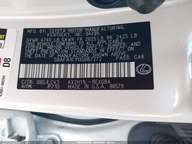45783054 :رقم المزاد ، 58AFA1C11SU067272 vin ، 2025 Lexus Es 300h Ultra Luxury مزاد بيع