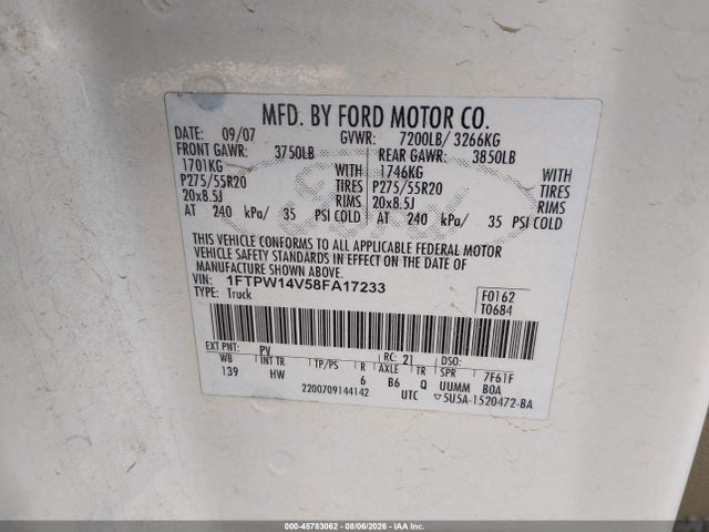 2008 Ford F-150 60th Anniversary/fx4/king Ranch/lariat/xlt მანქანა იყიდება აუქციონზე, vin: 1FTPW14V58FA17233, აუქციონის ნომერი: 45783062