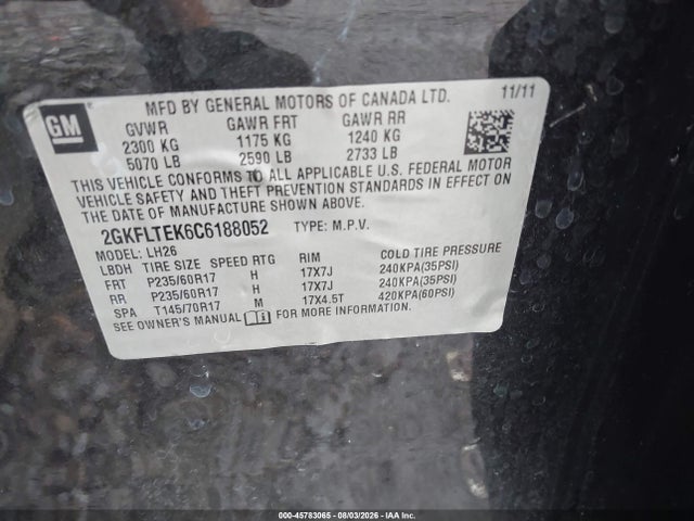 Продаж на аукціоні авто 2012 Gmc Terrain Sle-2, vin: 2GKFLTEK6C6188052, номер лоту: 45783065