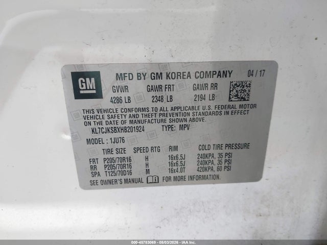 Auction sale of the 2017 Chevrolet Trax Ls, vin: KL7CJKSBXHB201924, lot number: 45783069