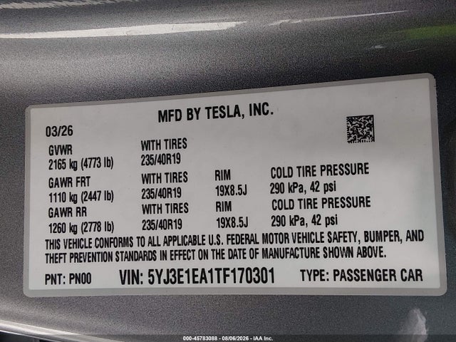 Aukcja sprzedaży 2026 Tesla Model 3 Premium Rear-wheel Drive/rear-wheel Drive, vin: 5YJ3E1EA1TF170301, numer aukcji: 45783088