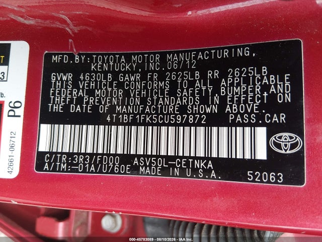 Auction sale of the 2012 Toyota Camry Le, vin: 4T1BF1FK5CU597872, lot number: 45783089