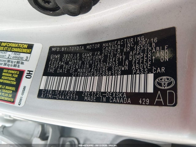 2016 Toyota Corolla S Plus მანქანა იყიდება აუქციონზე, vin: 2T1BURHE9GC698108, აუქციონის ნომერი: 45783092