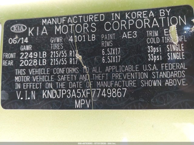 KIA SOUL + 2015 KNDJP3A5XF7749867 Image 9