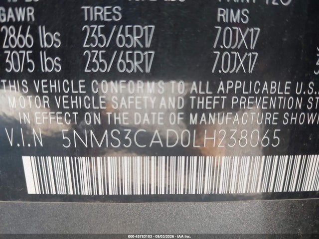 Продажа на аукционе авто 2020 Hyundai Santa Fe Sel, vin: 5NMS3CAD0LH238065, номер лота: 45783103