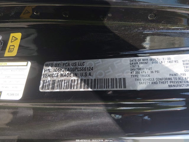 45783112 :رقم المزاد ، 1C6HJTAG0PL566124 vin ، 2023 Jeep Gladiator Sport S 4x4 مزاد بيع