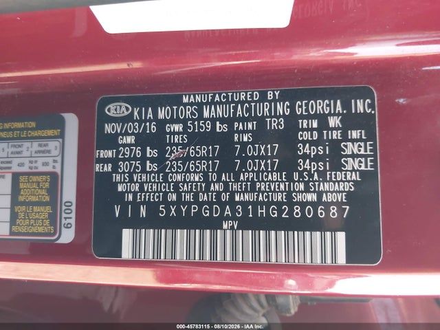 Продаж на аукціоні авто 2017 Kia Sorento 2.4l Lx, vin: 5XYPGDA31HG280687, номер лоту: 45783115