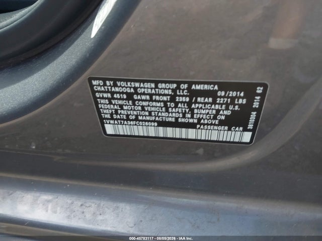 Aukcja sprzedaży 2015 Volkswagen Passat 1.8t S, vin: 1VWAT7A36FC026099, numer aukcji: 45783117