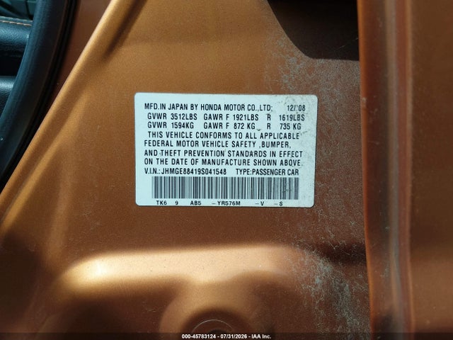Продажа на аукционе авто 2009 Honda Fit Sport, vin: JHMGE88419S041548, номер лота: 45783124