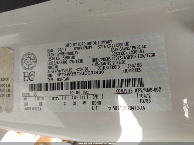Auction sale of the 2018 Ford F-350 Platinum, vin: 1FT8W3BT3JEC32400, lot number: 45783126