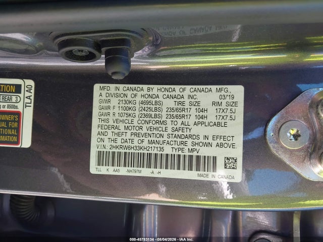 2019 Honda Cr-v Lx მანქანა იყიდება აუქციონზე, vin: 2HKRW6H33KH217135, აუქციონის ნომერი: 45783134