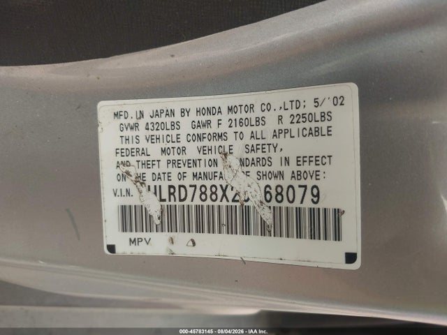 2002 Honda Cr-v Ex მანქანა იყიდება აუქციონზე, vin: JHLRD788X2C068079, აუქციონის ნომერი: 45783145