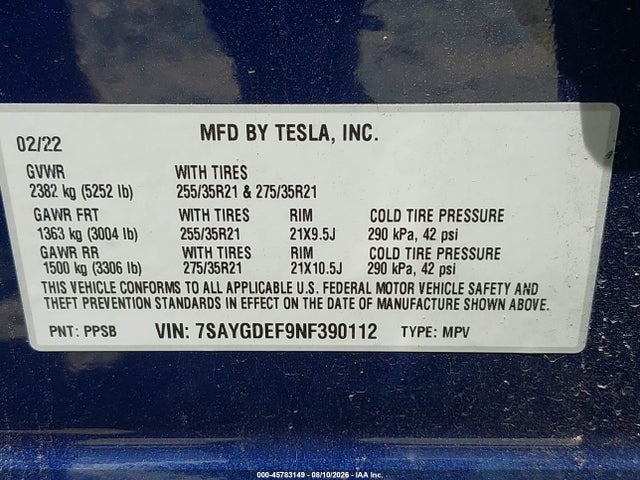 Aukcja sprzedaży 2022 Tesla Model Y Performance Dual Motor All-wheel Drive, vin: 7SAYGDEF9NF390112, numer aukcji: 45783149