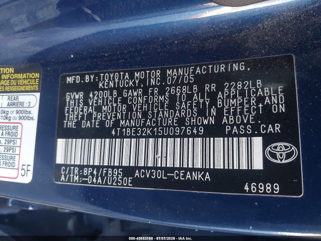 2005 Toyota Camry Le მანქანა იყიდება აუქციონზე, vin: 4T1BE32K15U097649, აუქციონის ნომერი: 45783158