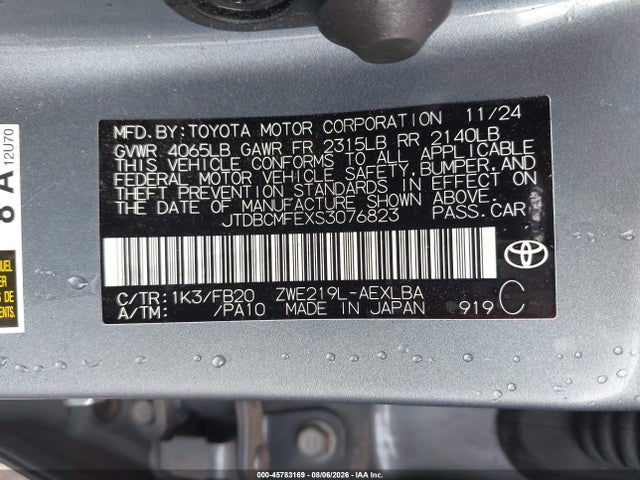JTDBCMFEXS3076823 Toyota Corolla Hybrid Le