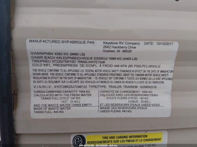 Aukcja sprzedaży 2018 Other Other, vin: 4YDT28R23J7246122, numer aukcji: 45783168