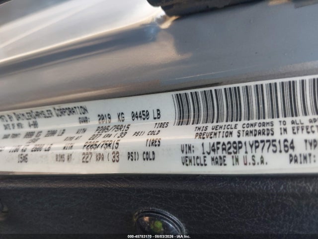 2000 Jeep Wrangler Se მანქანა იყიდება აუქციონზე, vin: 1J4FA29P1YP775164, აუქციონის ნომერი: 45783170
