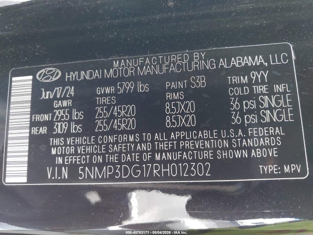 Продаж на аукціоні авто 2024 Hyundai Santa Fe Hybrid Limited, vin: 5NMP3DG17RH012302, номер лоту: 45783171