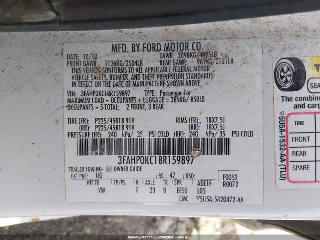 Продажа на аукционе авто 2011 Ford Fusion Sport, vin: 3FAHP0KC1BR159897, номер лота: 45783177