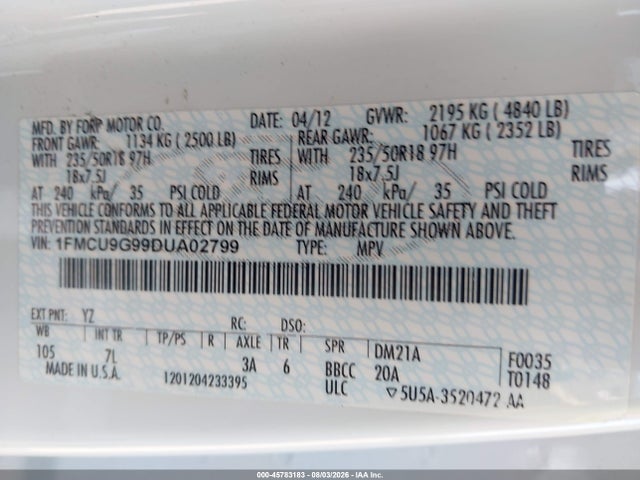 Aukcja sprzedaży 2013 Ford Escape Se, vin: 1FMCU9G99DUA02799, numer aukcji: 45783183