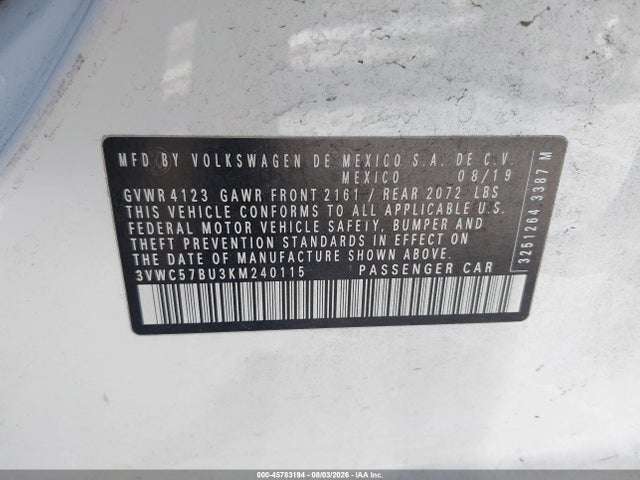 2019 Volkswagen Jetta 1.4t R-line/1.4t S/1.4t Se მანქანა იყიდება აუქციონზე, vin: 3VWC57BU3KM240115, აუქციონის ნომერი: 45783194