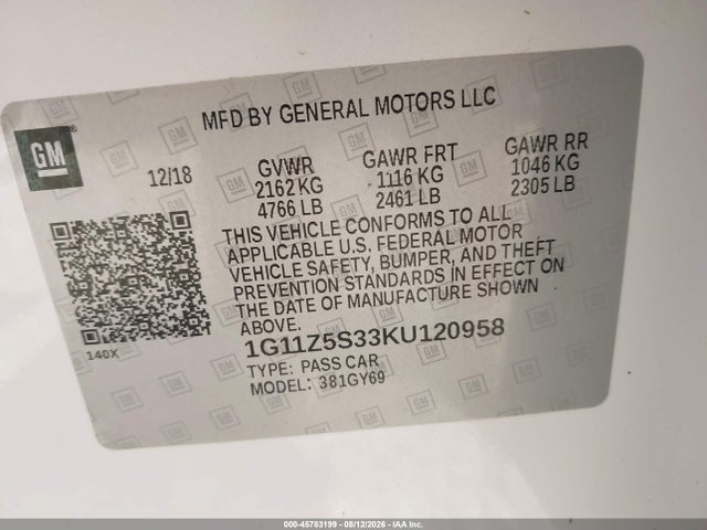 Aukcja sprzedaży 2019 Chevrolet Impala Lt, vin: 1G11Z5S33KU120958, numer aukcji: 45783199